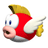 Pixelated character with red body, white wings, yellow fins, blue eyes, and pink snout facing left on plain background.