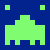 Static pixel art of a green alien-like figure with two small square eyes on a blue background, rendered in a retro 8-bit style.