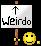 Pixelated icon with white sign showing black arrow and 'Weirdo' text, yellow smiley face below on dark background.