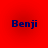 Four identical blue text 'Benji' icons on a solid red background arranged in a