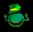 Green cartoon character with top hat and shamrock, performing various hand gestures and tongue-out expressions against black background.