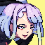 Pixel art portrait of a character with pastel purple and blue hair, light skin, dark eyebrows, and red accents on cheeks and lips against a yellow background.