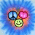 A heart-shaped icon with blue spiky background, featuring peace sign, pink heart, and smiley face symbols.