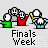 Pixel art animation of cartoon figures with white heads and colored bodies, some holding yellow objects, under 'Finals Week' text.