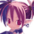 Pixelated anime-style character icon with pink hair, red eyes, and dark blue accents on a white background.