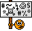 Pixelated orange circular face with angry expression on brown pole, surrounded by white background with black symbols and text.