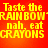 A static image with bright red background and yellow pixelated text reading 'Taste the RAINBOW nah, eat CRAYONS' repeated in four quadrants.