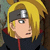 Pixelated anime-style character with blonde hair and a gray headband, wearing a black jacket with red trim, shown in three sequential poses with subtle facial expression changes.