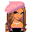 Pixel art icon of a cartoon woman with pink hair wearing a beret, long brown hair, blue eyes, white necklace, and black outfit with pink trim.