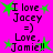 Pixelated text and green starbursts on bright pink background with repeated phrases 'I love Jacey =)', 'Love, Jamie!!' in two