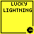 Yellow square icon with black text "LUCKY LIGHTNING" and a pixelated Pac-Man-like mouth icon at bottom right corner.