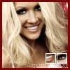 A close-up of a person with long blonde hair, wearing a white top, against a red border with pixelated details.