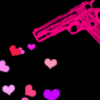 Animated contact sheet showing a pink handgun firing colorful hearts against black background across five frames.