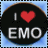 Black circular icon with white 'I' and 'EMO', red heart symbol, on light blue background with white stars.