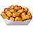 Pixelated image of a white bowl filled with golden-brown tater tots, surrounded by pixelated text reading 'gimme some of your tots'.