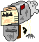 Pixelated gray mailbox with red flag, open door showing yellowed paper, black arrow, and white smoke, on light gray background.