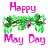 Animated graphic with 'Happy May Day' text above a green leafy branch with pink flowers, showing flower position changes across frames.
