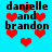 Pixelated blue background with red hearts and repeated text "danielle and brandon" in black block letters.