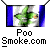 Green cartoon character with orange eyes on blue-and-white striped background, text 'Poo Smoke.com' below.