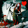 Animated scene with skeletal figure, red-haired woman, and small character under moonlit sky; red heart symbol appears in upper center.