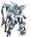 Four pixelated mecha poses with gray, white, and red accents on a light gray background.