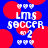Blue background with red circular shapes and white pixelated text reading "LMS SOCCER 2" surrounded by heart symbols.