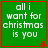 Green square with red border displays white text 'all i want for christmas is you' and small red star at bottom-right corner.