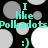 A pixelated image with cyan text reading "I like Polkadots :)" over a black background of gray and white circles.