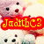 A pixelated image of a white dog with black eyes and nose, holding three text banners in red, purple, and pink.