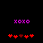 Two identical pixelated displays of 'xoxo' text above red heart symbols on a black background.