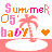 Pixelated summer-themed animated buddy icon with palm tree, heart symbols, and text elements in pink/orange color scheme across three frames.