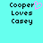 Pixelated text 'Cooper Loves Casey' on cyan background with pink heart symbol replacing the letter O in Cooper.