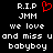 Black background with white pixelated text reading R.I.P JMM we love and miss u and miss u babyboy, and a red pixelated heart symbol above JMM.