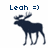 Pixelated dark blue moose stands facing left with antlers, above blue text reading 'Leah =)' on white background.