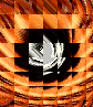 A circular animated icon with swirling orange and black patterns, featuring a central metallic spiral and pixelated elements