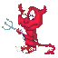 Red devil character with horns, tail, and white shoes holding blue trident-like object in two poses against gray background.