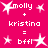 Pixelated pink background with white text and star icons showing 'molly + kristina = bffl' in two identical side-by-side arrangements.