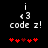 Pixelated icon with white text 'i', '43', 'code z!' on black background and red heart symbols below.