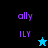 Pixelated text 'ally' and 'ILY' in purple on black, cyan, and teal backgrounds with a blue star icon above the bottom-left