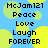Blue background with yellow-green circular shapes and black pixelated text reading McJam121 Peace Love Laugh FOREVER repeated twice.
