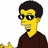 Pixelated cartoon character with yellow skin, black hair, and glasses wearing a brown shirt, holding a yellow object.