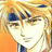 Pixelated anime-style portrait of a person with light brown hair and blue eyes, wearing a white shirt with a blue collar, against an orange and yellow gradient background.