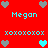 Red background with cyan text and heart symbols; four 'Megan' labels, two 'xoxoxoxoxo' sequences, and alternating gray/cyan hearts.