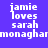 Pixelated text displays 'jamie loves sarah' repeated across a blue and purple background with pink accents.