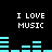 Black background with white pixelated text "I LOVE MUSIC" repeated four times and cyan audio equalizer bars in motion.