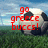 A soccer ball on grass with red text overlays reading 'go greece buccs!', 'we rock!', and 'audrey #5' across four