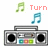 Pixelated image of a gray boombox with black speakers and colored buttons, surrounded by green and blue musical notes and red text reading 'Turn It Up'