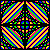16 square with black borders, each containing a kaleidoscopic pattern of diagonal stripes in bright neon colors on a dark background