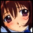 Pixelated anime-style character with brown hair and purple eyes, wearing a blue and white collared shirt, next to stylized text on a black background.