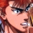 Pixelated anime-style character with red hair and blue eyes, side profile facing right, on black background with white text.
